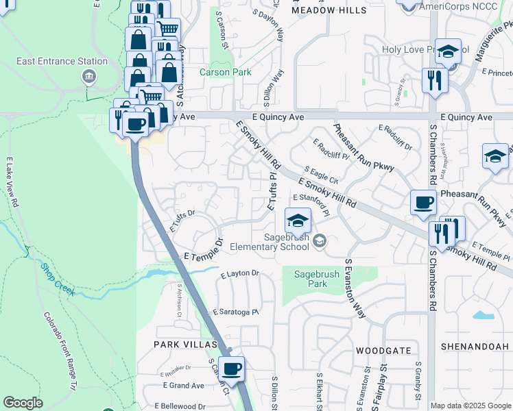 map of restaurants, bars, coffee shops, grocery stores, and more near 4552C South Crystal Way in Aurora
