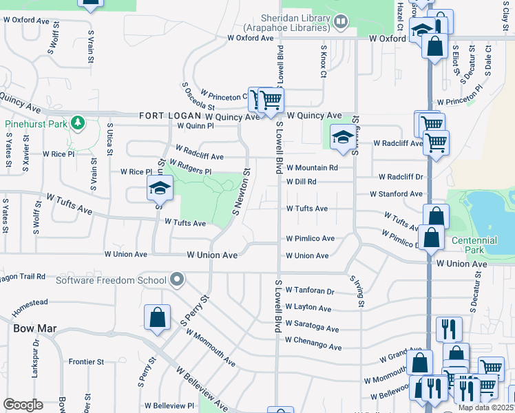 map of restaurants, bars, coffee shops, grocery stores, and more near 4593 West Tufts Avenue in Englewood