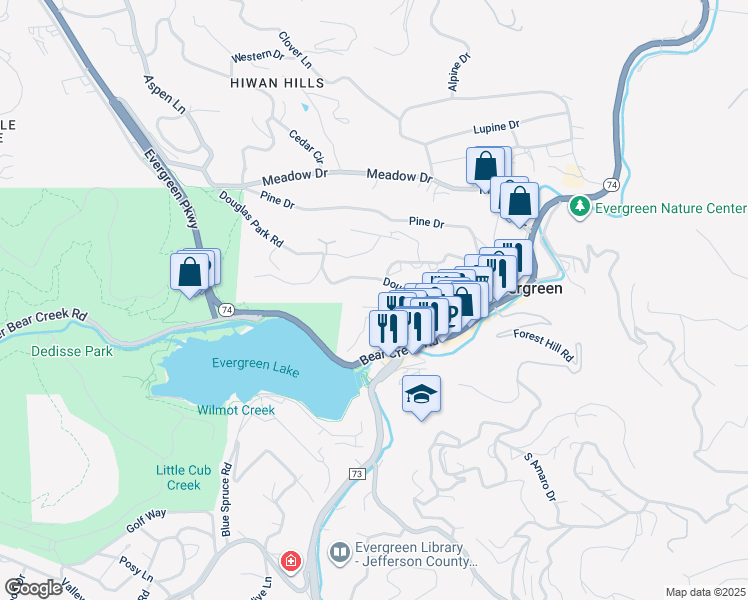 map of restaurants, bars, coffee shops, grocery stores, and more near 28380 Douglas Park Road in Evergreen