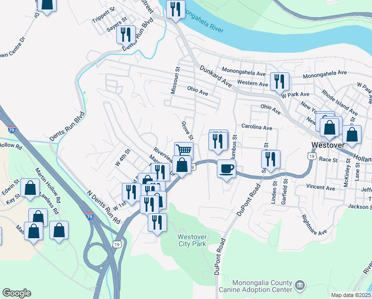 map of restaurants, bars, coffee shops, grocery stores, and more near 414 Crowl Street in Morgantown