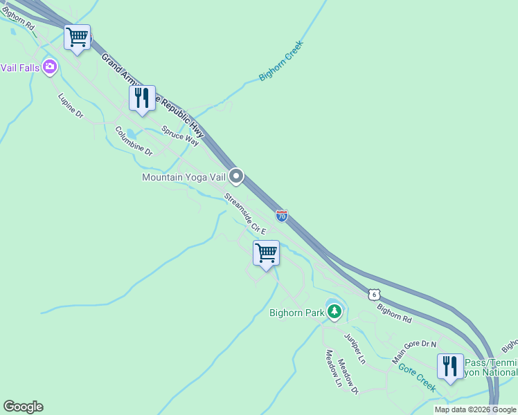 map of restaurants, bars, coffee shops, grocery stores, and more near 4515 Big Horn Road in Vail