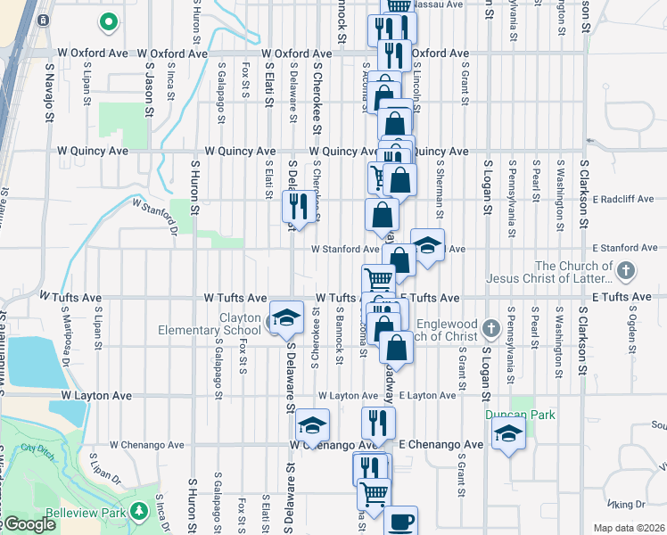 map of restaurants, bars, coffee shops, grocery stores, and more near 4520 South Cherokee Street in Englewood