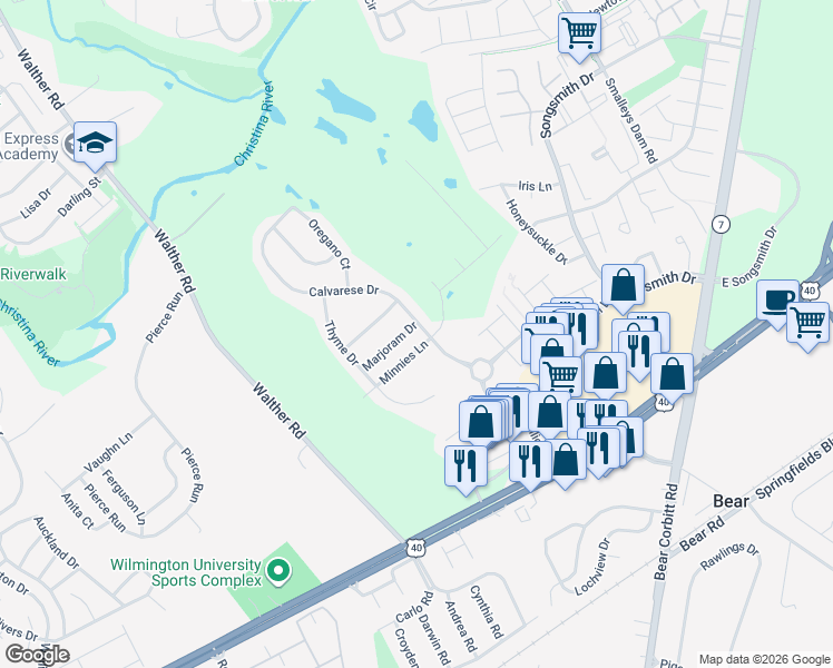map of restaurants, bars, coffee shops, grocery stores, and more near 201 Marjoram Drive in Bear