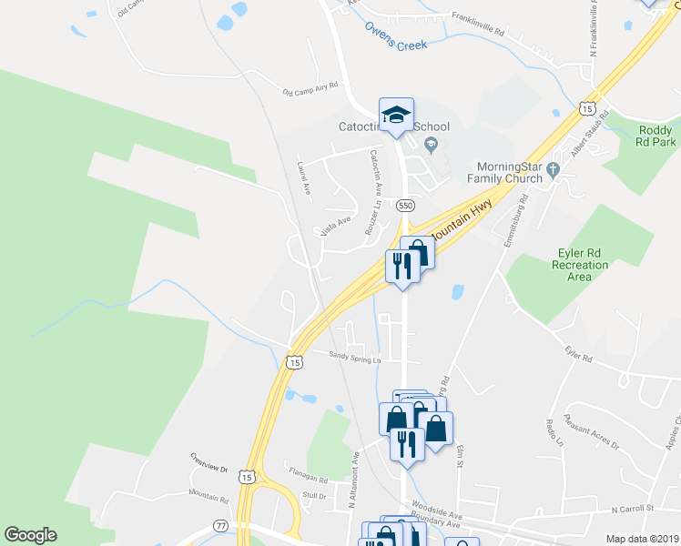 map of restaurants, bars, coffee shops, grocery stores, and more near 6 Rouzer Court in Thurmont