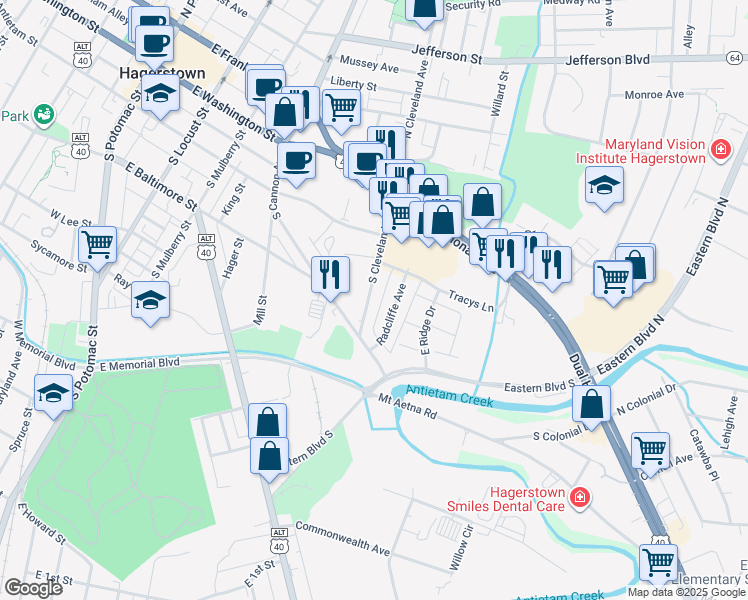 map of restaurants, bars, coffee shops, grocery stores, and more near 340 South Cleveland Avenue in Hagerstown