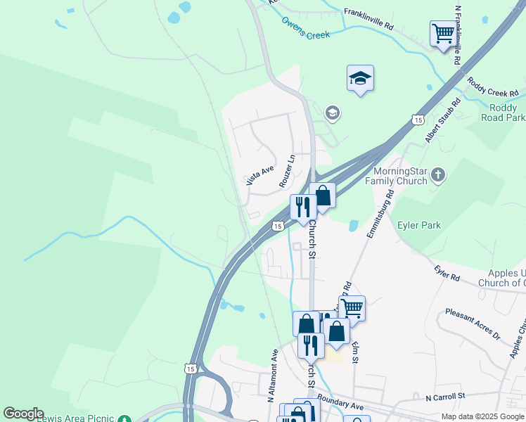 map of restaurants, bars, coffee shops, grocery stores, and more near 6 Rouzer Court in Thurmont
