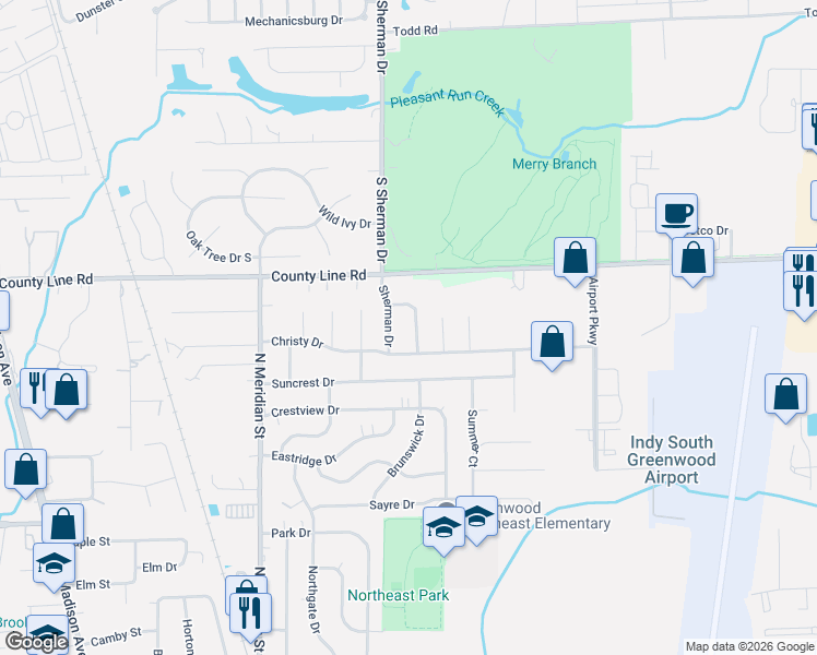 map of restaurants, bars, coffee shops, grocery stores, and more near 1173 Barbara Drive in Greenwood