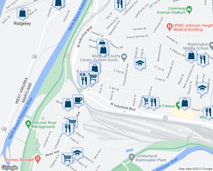 map of restaurants, bars, coffee shops, grocery stores, and more near 324 Arch Street in Cumberland