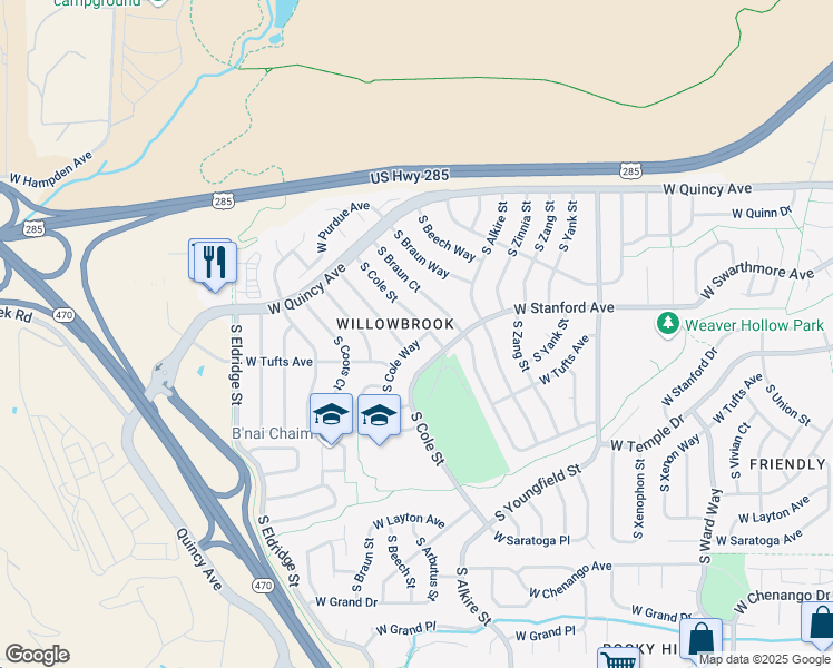 map of restaurants, bars, coffee shops, grocery stores, and more near 4443 South Cole Street in Morrison