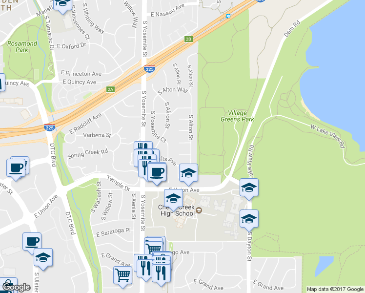 map of restaurants, bars, coffee shops, grocery stores, and more near 9176 East Stanford Place in Greenwood Village