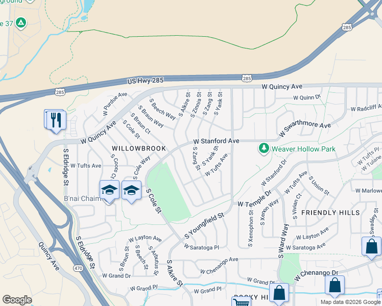 map of restaurants, bars, coffee shops, grocery stores, and more near 4508 South Alkire Street in Morrison