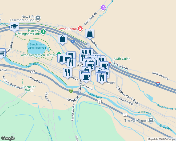 map of restaurants, bars, coffee shops, grocery stores, and more near 82 East Beaver Creek Boulevard in Avon