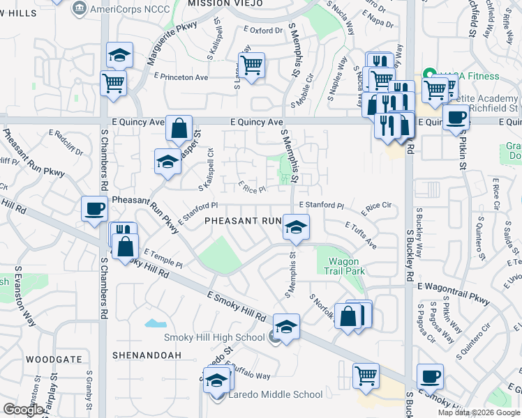 map of restaurants, bars, coffee shops, grocery stores, and more near 16157 East Stanford Place in Aurora