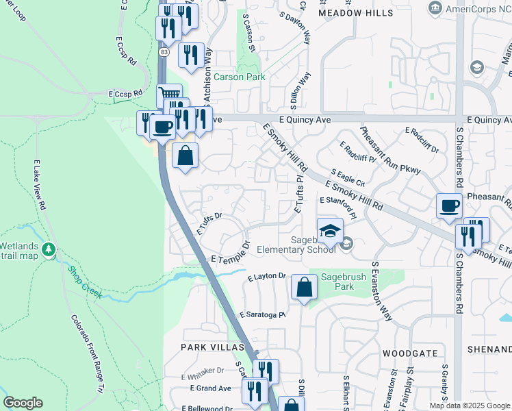 map of restaurants, bars, coffee shops, grocery stores, and more near 14073 East Stanford Circle in Aurora