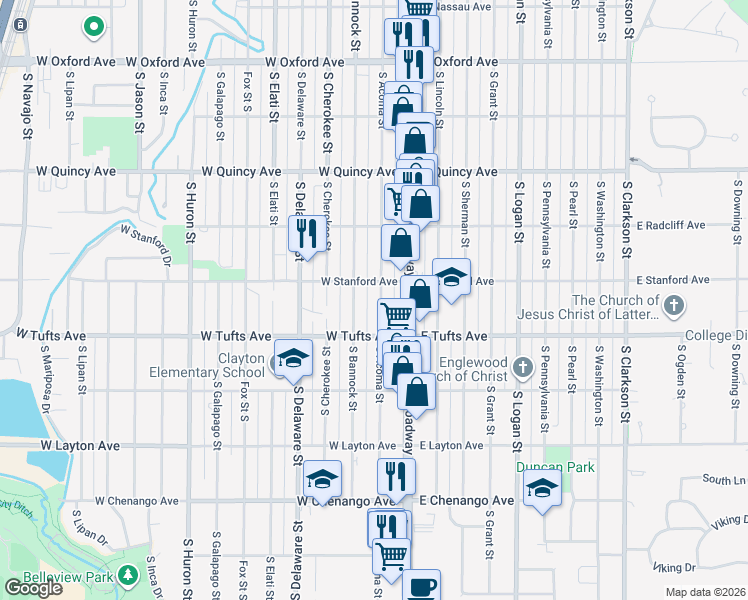 map of restaurants, bars, coffee shops, grocery stores, and more near 4525 South Acoma Street in Englewood