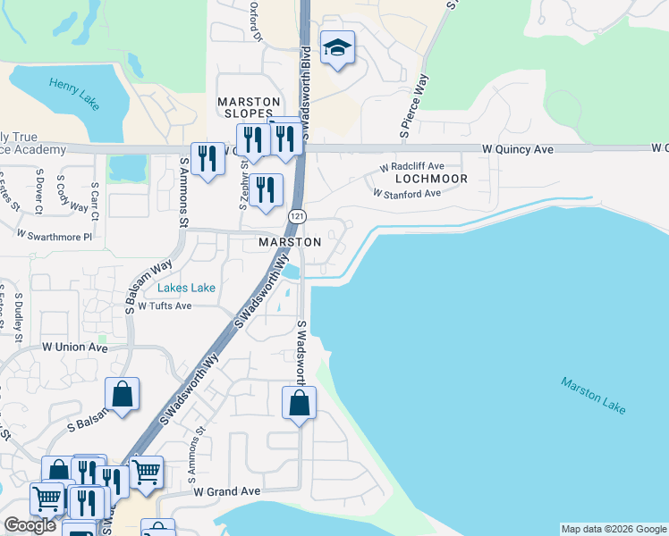 map of restaurants, bars, coffee shops, grocery stores, and more near 4760 South Wadsworth Boulevard in Denver