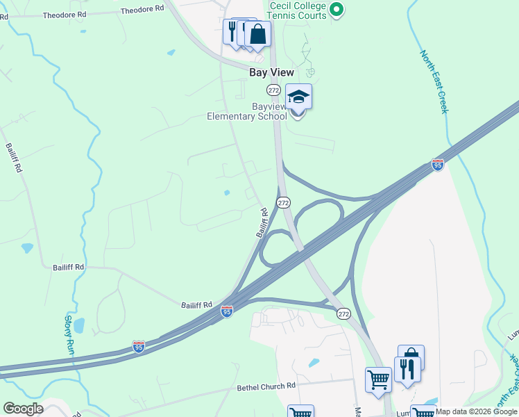 map of restaurants, bars, coffee shops, grocery stores, and more near 27 Bay View Woods Lane in North East