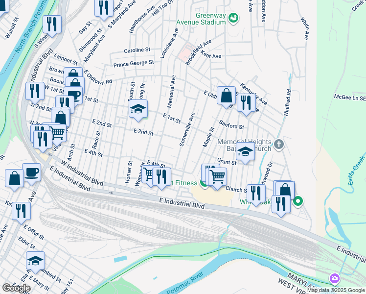 map of restaurants, bars, coffee shops, grocery stores, and more near 640 East 2nd Street in Cumberland