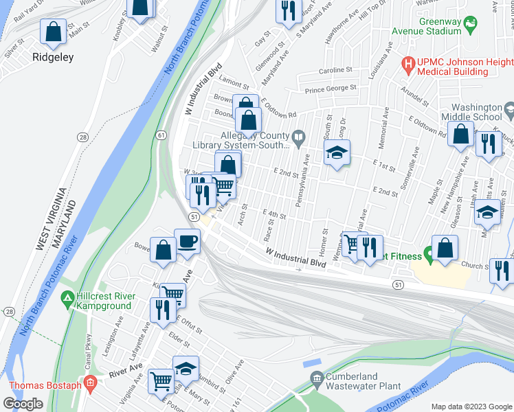 map of restaurants, bars, coffee shops, grocery stores, and more near 324 Arch Street in Cumberland