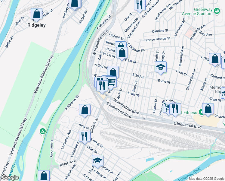 map of restaurants, bars, coffee shops, grocery stores, and more near 338 Virginia Avenue in Cumberland