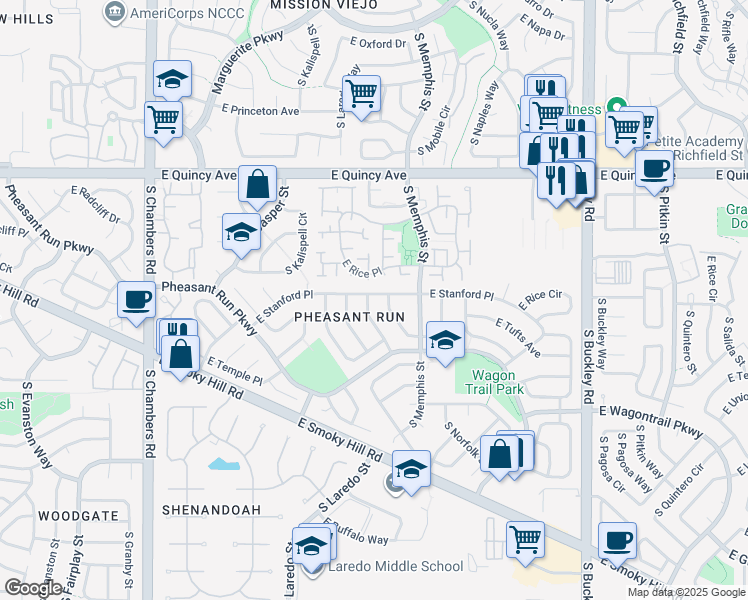 map of restaurants, bars, coffee shops, grocery stores, and more near 16157 East Stanford Place in Aurora