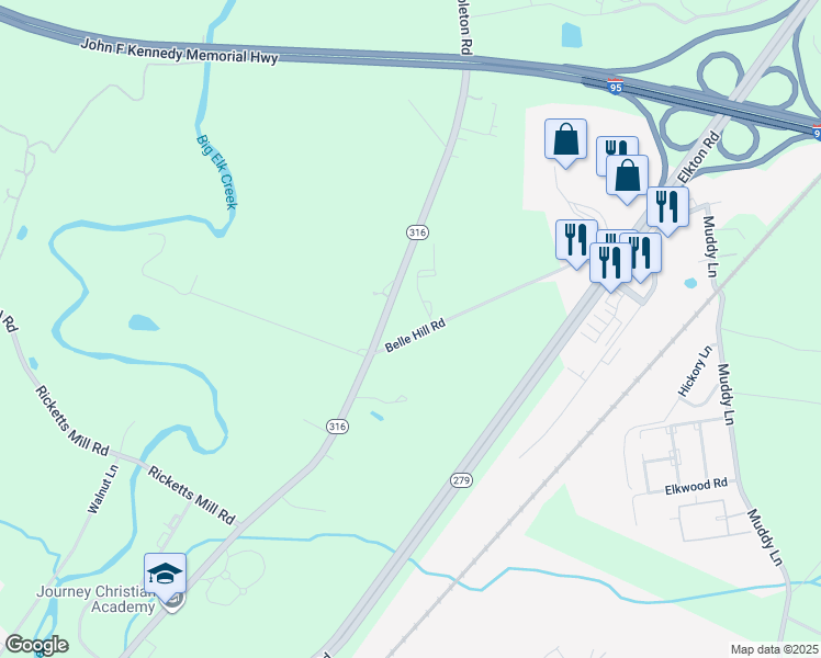 map of restaurants, bars, coffee shops, grocery stores, and more near 47 Belle Hill Road in Elkton