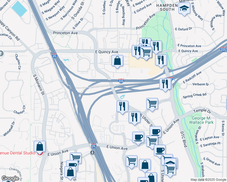 map of restaurants, bars, coffee shops, grocery stores, and more near 4363 South Ulster Street in Denver