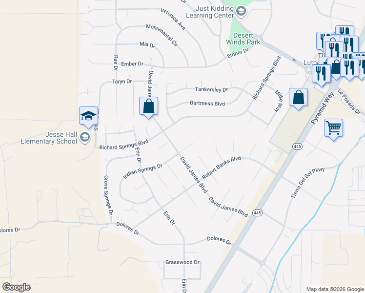map of restaurants, bars, coffee shops, grocery stores, and more near 6505 David James Boulevard in Sparks