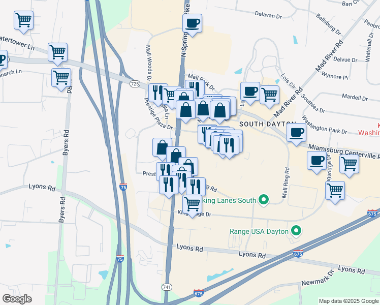 map of restaurants, bars, coffee shops, grocery stores, and more near 2700 Miamisburg Centerville Road in Dayton