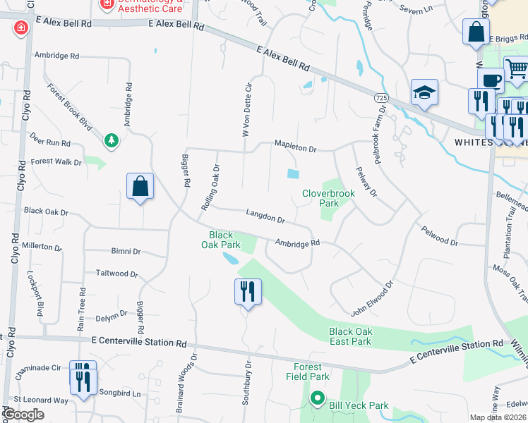 map of restaurants, bars, coffee shops, grocery stores, and more near 1551 Langdon Drive in Dayton