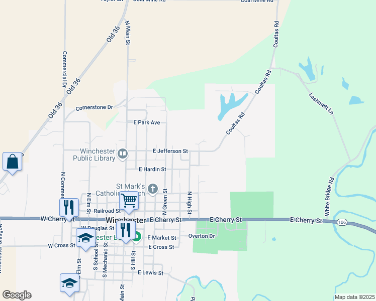 map of restaurants, bars, coffee shops, grocery stores, and more near 292 E Jefferson St in Winchester
