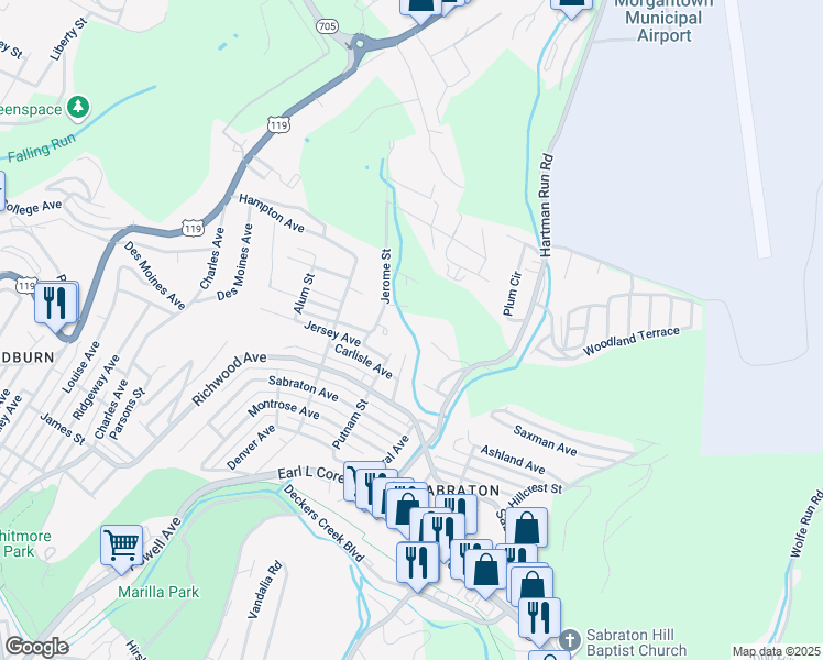 map of restaurants, bars, coffee shops, grocery stores, and more near 200-268 Jerome Street in Morgantown