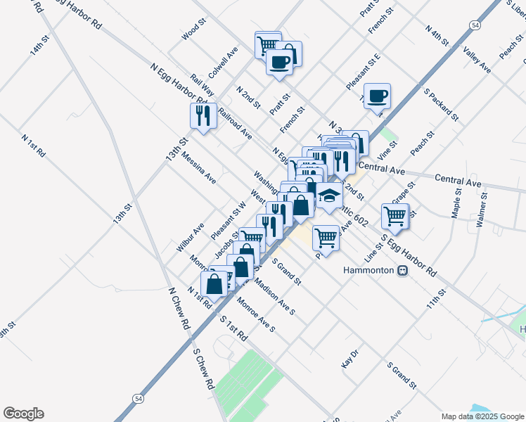 map of restaurants, bars, coffee shops, grocery stores, and more near 208 Jacobs Street in Hammonton
