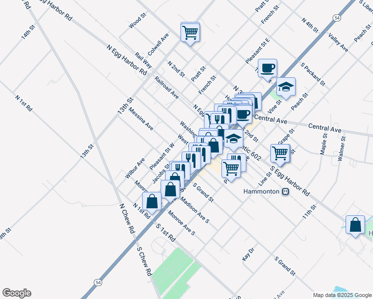 map of restaurants, bars, coffee shops, grocery stores, and more near 208 Jacobs Street in Hammonton