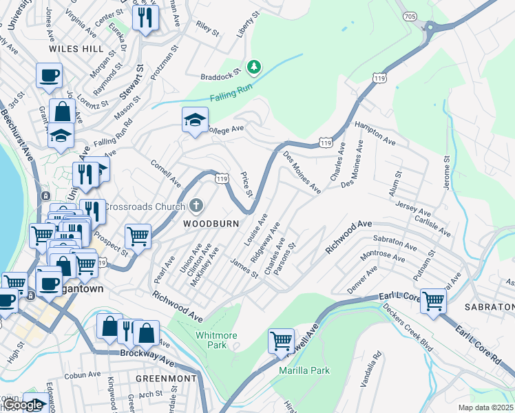 map of restaurants, bars, coffee shops, grocery stores, and more near 1014 Willey Street in Morgantown