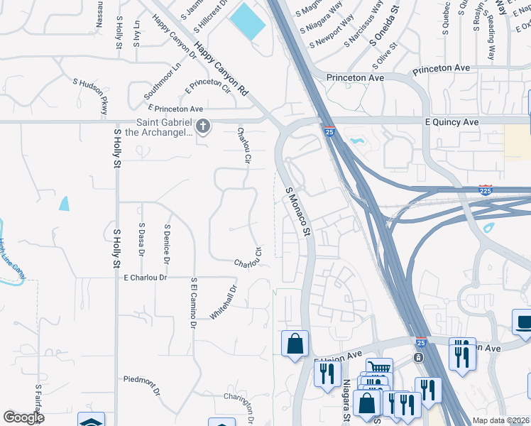 map of restaurants, bars, coffee shops, grocery stores, and more near 66 Charlou Circle in Cherry Hills Village