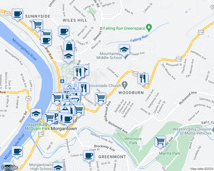 map of restaurants, bars, coffee shops, grocery stores, and more near 802 Price Street in Morgantown