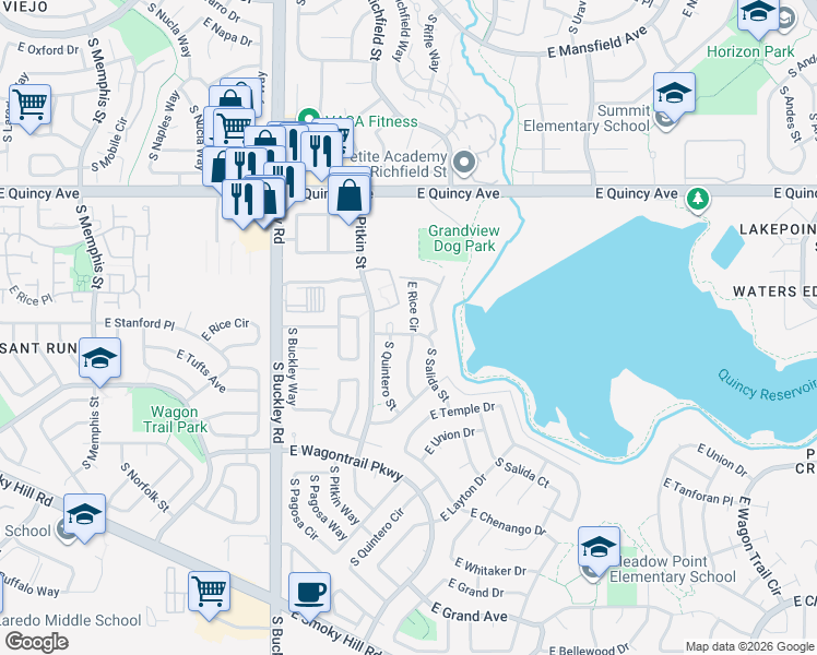 map of restaurants, bars, coffee shops, grocery stores, and more near 17151 East Stanford Avenue in Aurora