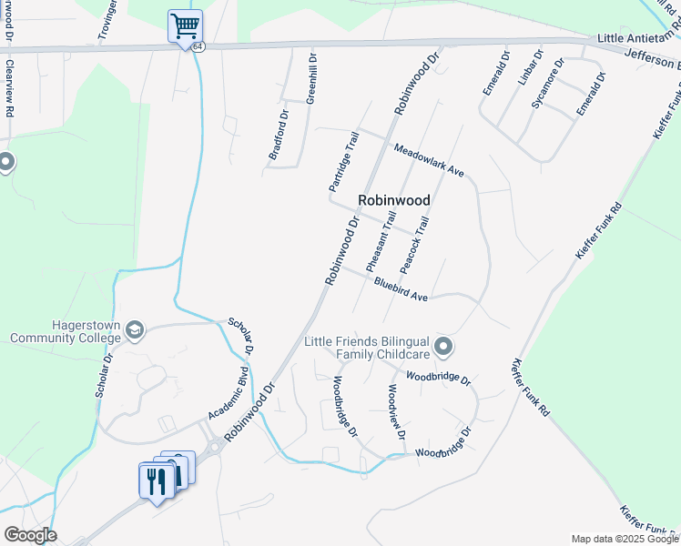 map of restaurants, bars, coffee shops, grocery stores, and more near 11621 Robinwood Drive in Hagerstown