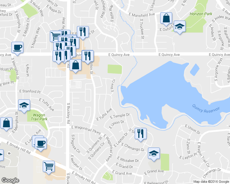 map of restaurants, bars, coffee shops, grocery stores, and more near 17488 East Rice Circle in Aurora