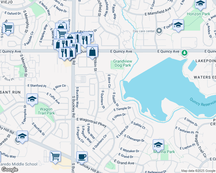 map of restaurants, bars, coffee shops, grocery stores, and more near 17151 East Stanford Avenue in Aurora
