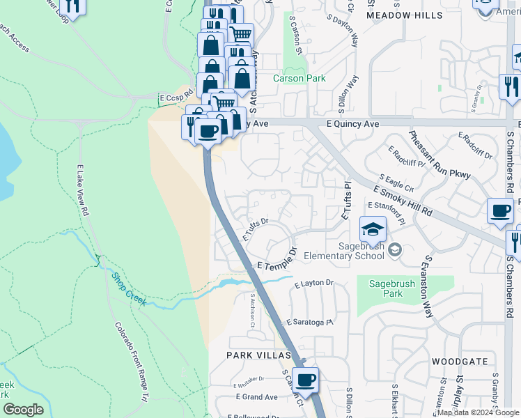 map of restaurants, bars, coffee shops, grocery stores, and more near 13922 East Stanford Circle in Aurora