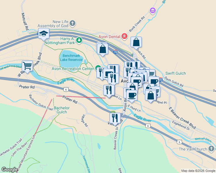 map of restaurants, bars, coffee shops, grocery stores, and more near 137 West Benchmark Road in Avon