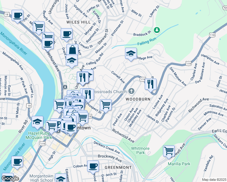 map of restaurants, bars, coffee shops, grocery stores, and more near 302 Glencoe Lane in Morgantown
