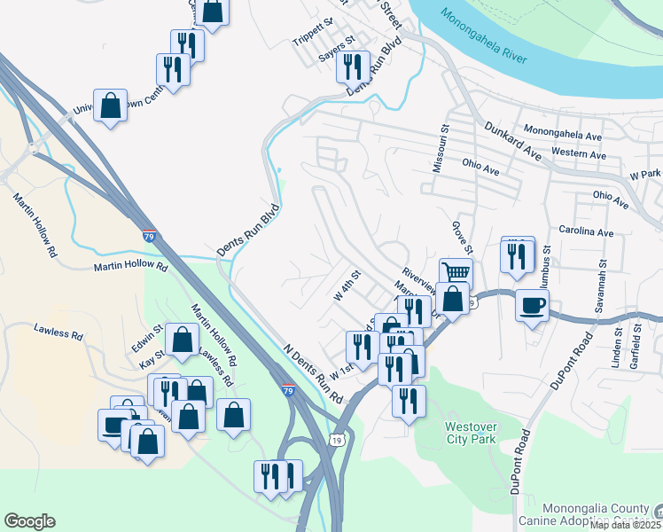 map of restaurants, bars, coffee shops, grocery stores, and more near 9-99 Woofter Ave in Westover