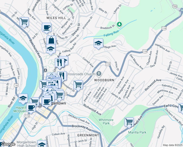 map of restaurants, bars, coffee shops, grocery stores, and more near 820 Naomi Street in Morgantown
