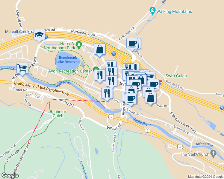 map of restaurants, bars, coffee shops, grocery stores, and more near 75 Benchmark Road in Avon
