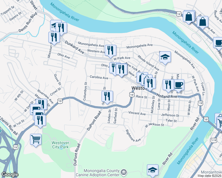 map of restaurants, bars, coffee shops, grocery stores, and more near 131 Parkview Dr in Westover