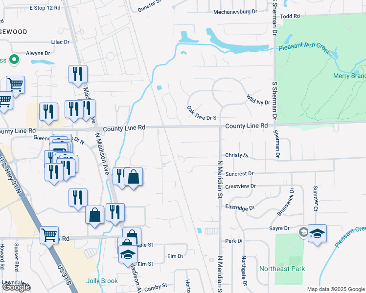 map of restaurants, bars, coffee shops, grocery stores, and more near 145 Nancy Lane in Greenwood
