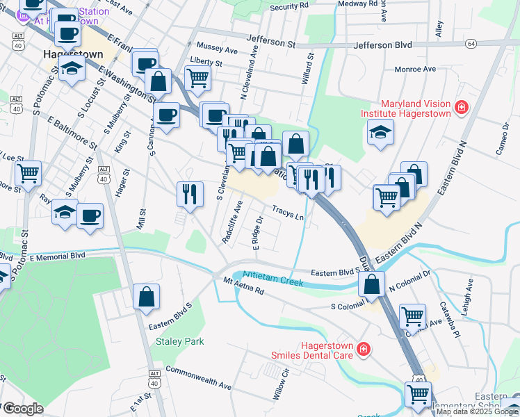 map of restaurants, bars, coffee shops, grocery stores, and more near 301 East Ridge Drive in Hagerstown